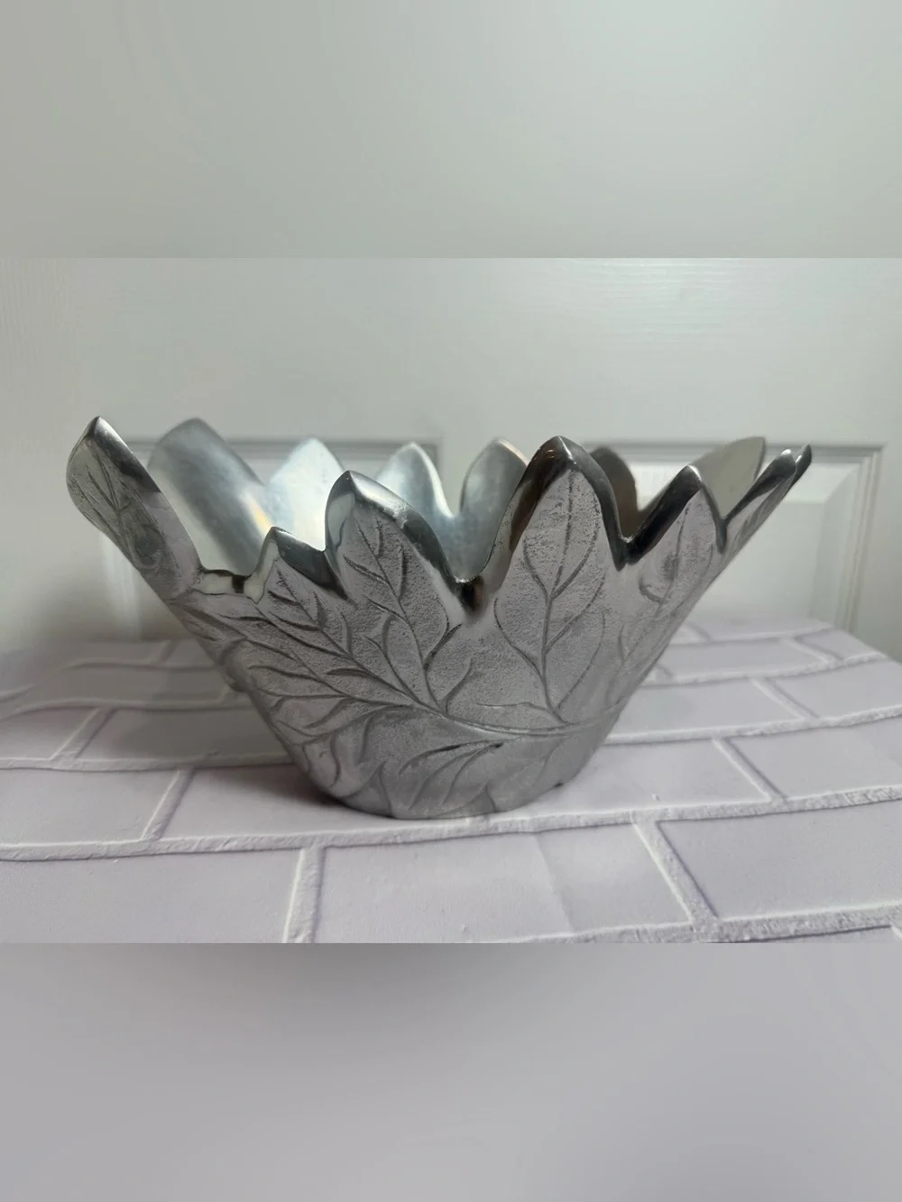 Pottery Barn Barona Silver Leaf Bowl Decorative Centerpiece 11”